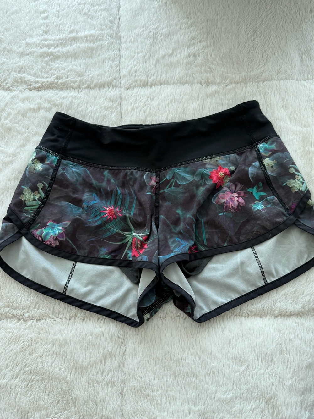 lululemon athletica Black Floral Athletic Shorts with Teal & Pink Accents